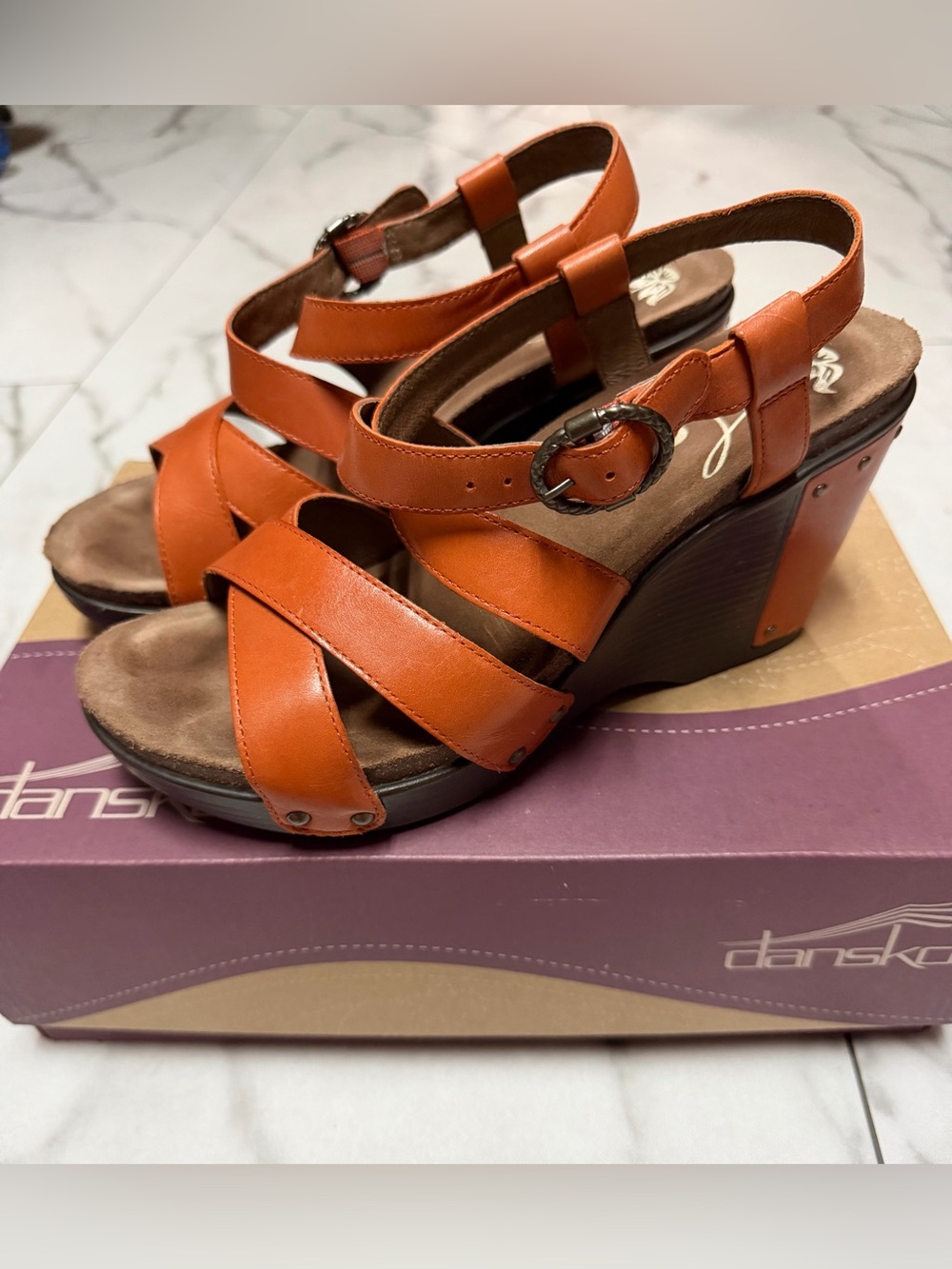 Dansko Orange Leather Crisscross Wedge Sandals Worn but in Good Condition Sz 39